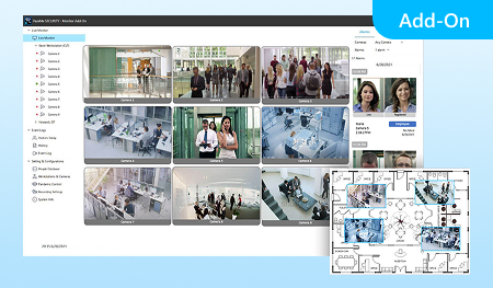 Watch up to 9 cameras live with a real-time face-event panel. Add-On