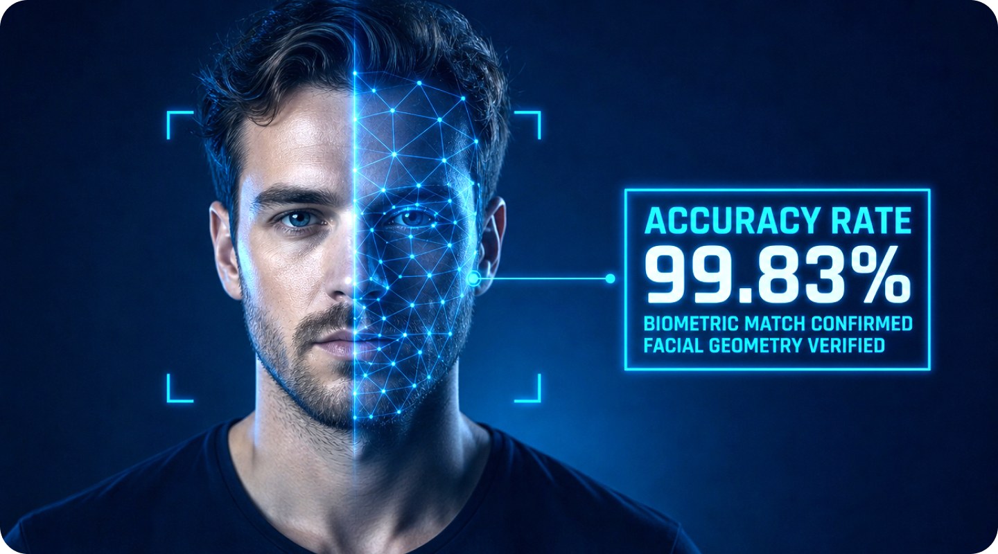 Man's face with AI facial recognition vector overlay showing a 99.83% accuracy rate
